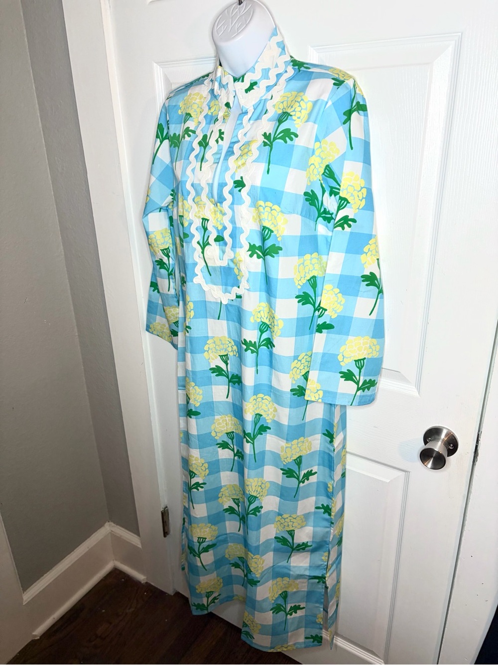 SAIL TO SABLE Long Sleeve Cotton Blue Gingham Floral Print Midi Dress M NWT - Picture 6 of 11